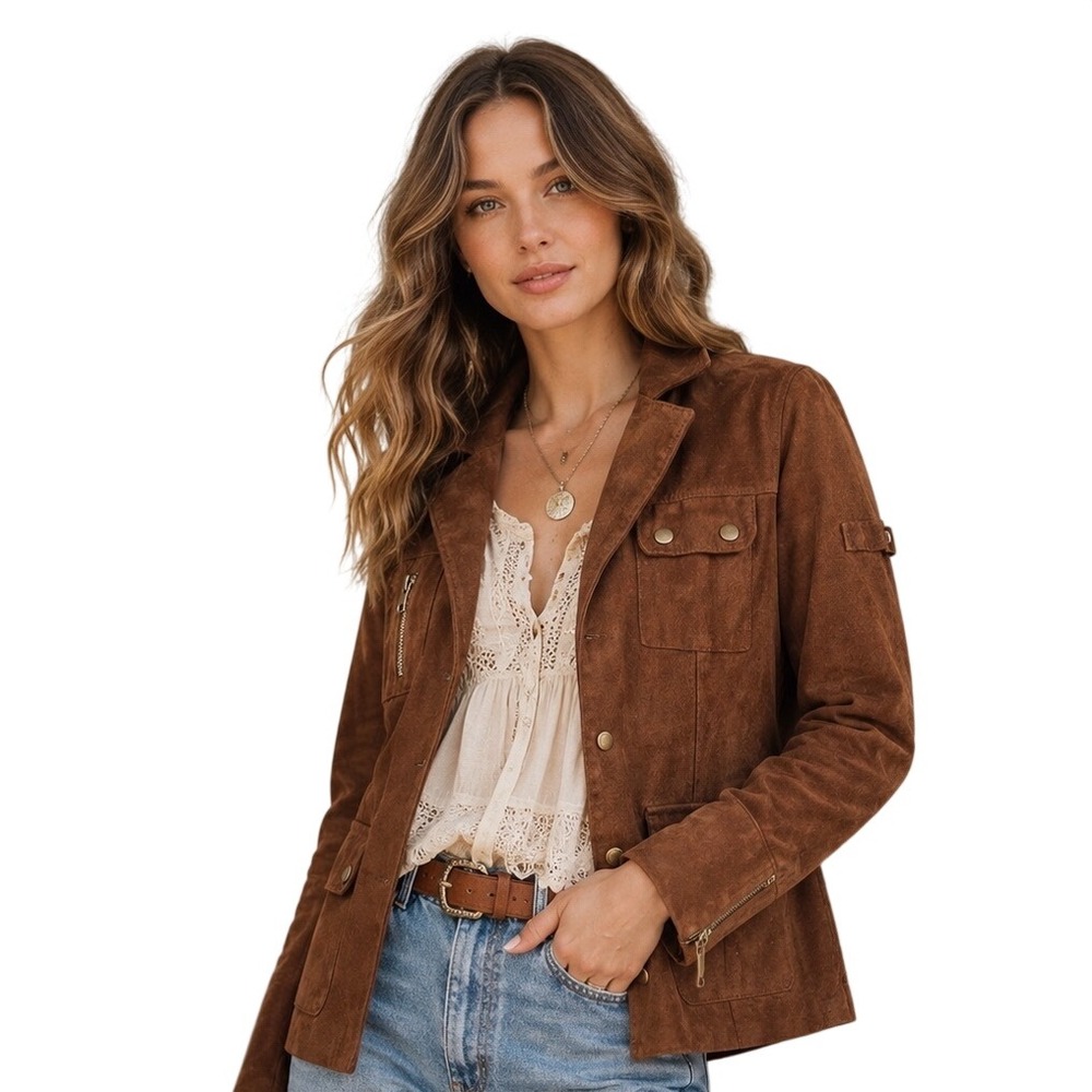 Vintage Together Leather Jacket Womens Size 6‎ Camel Tan Gold Snaps Moto Utility